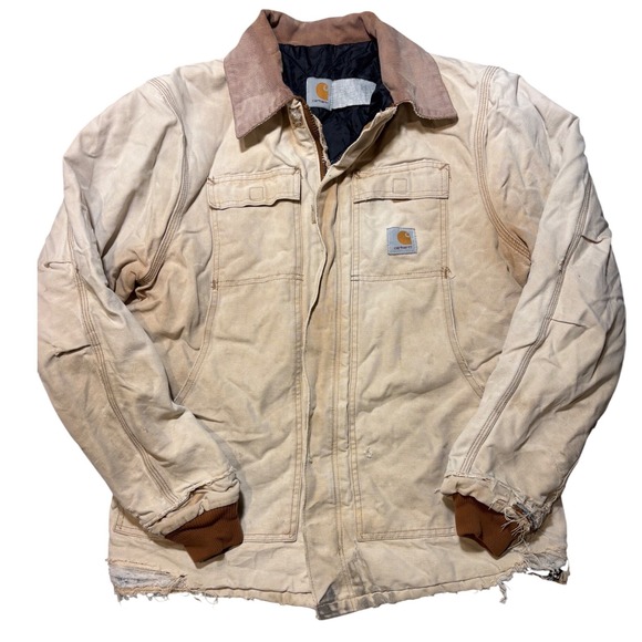 Vintage CarharttDuck Canvas Jacket Tan Quilt Lined Mens XL Faded Trashed